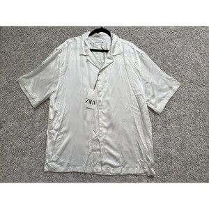 ZARA Men’s Button Up Shirt White Satin Short Sleeve Casual Dress NWT Size XL